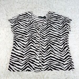 Tahari Linen Brown Zebra Print Short Sleeve Button Up V Neck Top Medium Festival